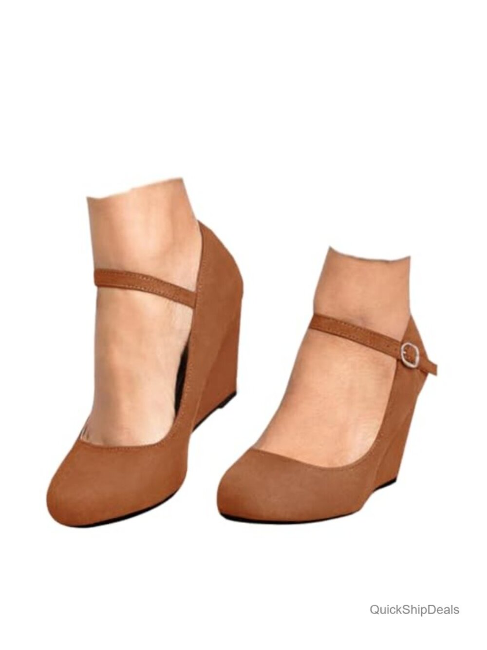 Womens Suede Mary Jane Wedge Pumps Ankle Strap Closed Toe